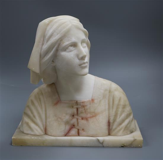 An alabaster and marble bust, after Guiseppe Bessy of Joan of Arc 29cm high